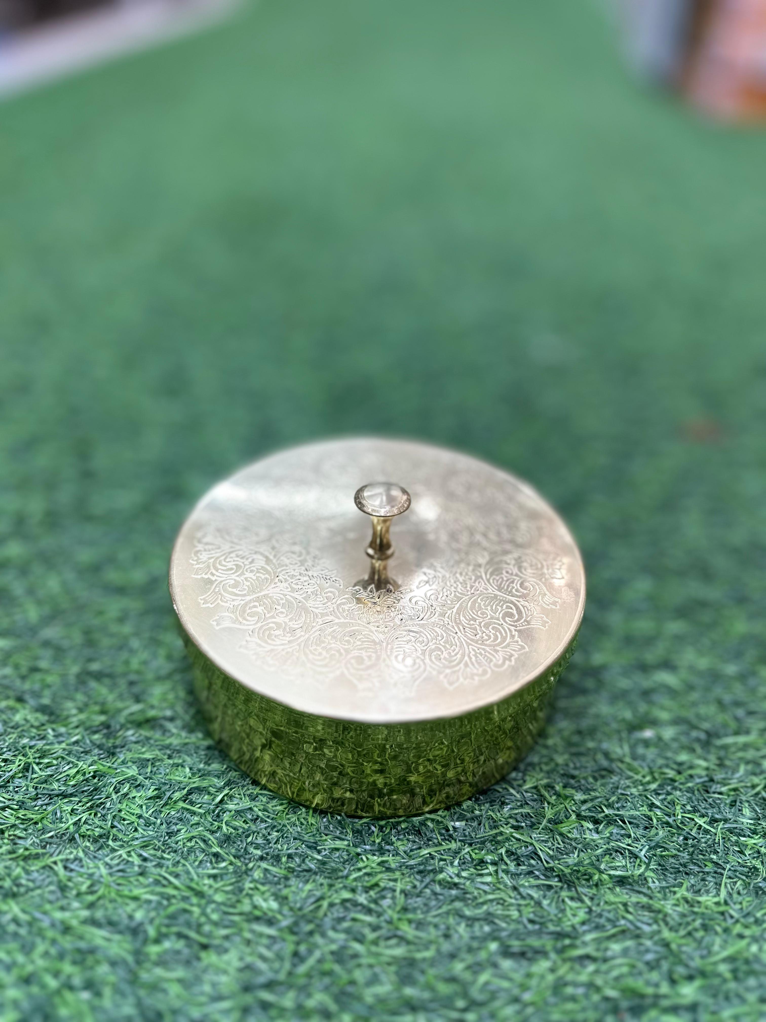 LIME Pure Brass Masala Box Set with Brass Spoon Container Hammered