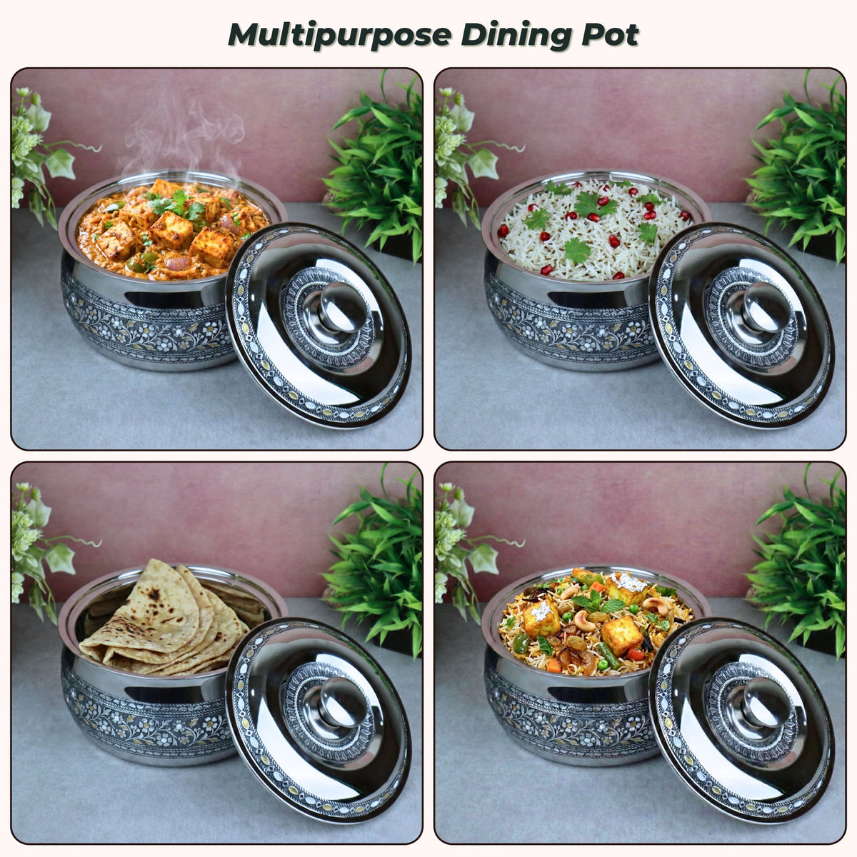 LIME Stainless Steel Casserole / Hot Pot with Lid | Oxidized Meenakari Chapati Box Thermoware Casserole (2000 ml)