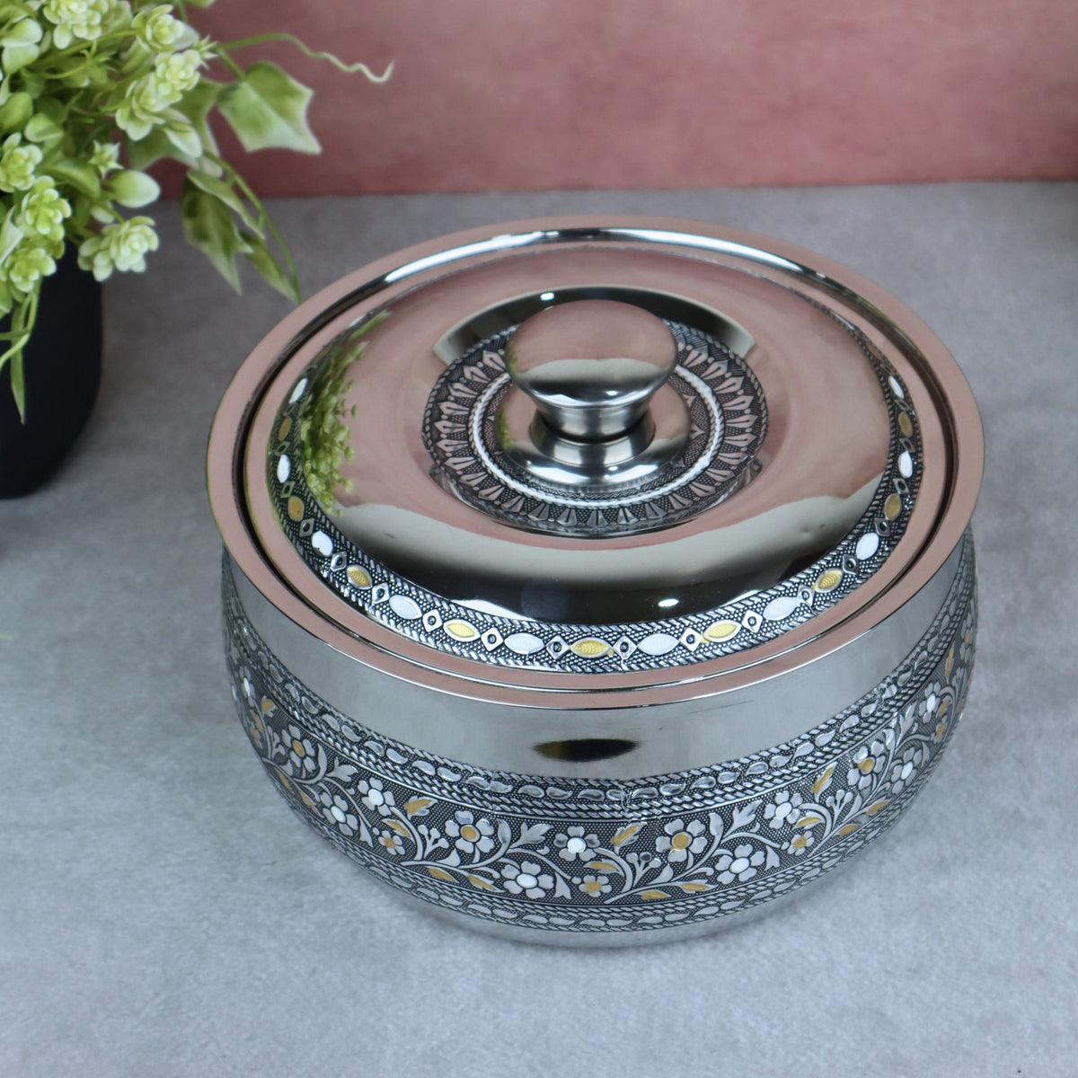 LIME Stainless Steel Casserole / Hot Pot with Lid | Oxidized Meenakari Chapati Box Thermoware Casserole (2000 ml)