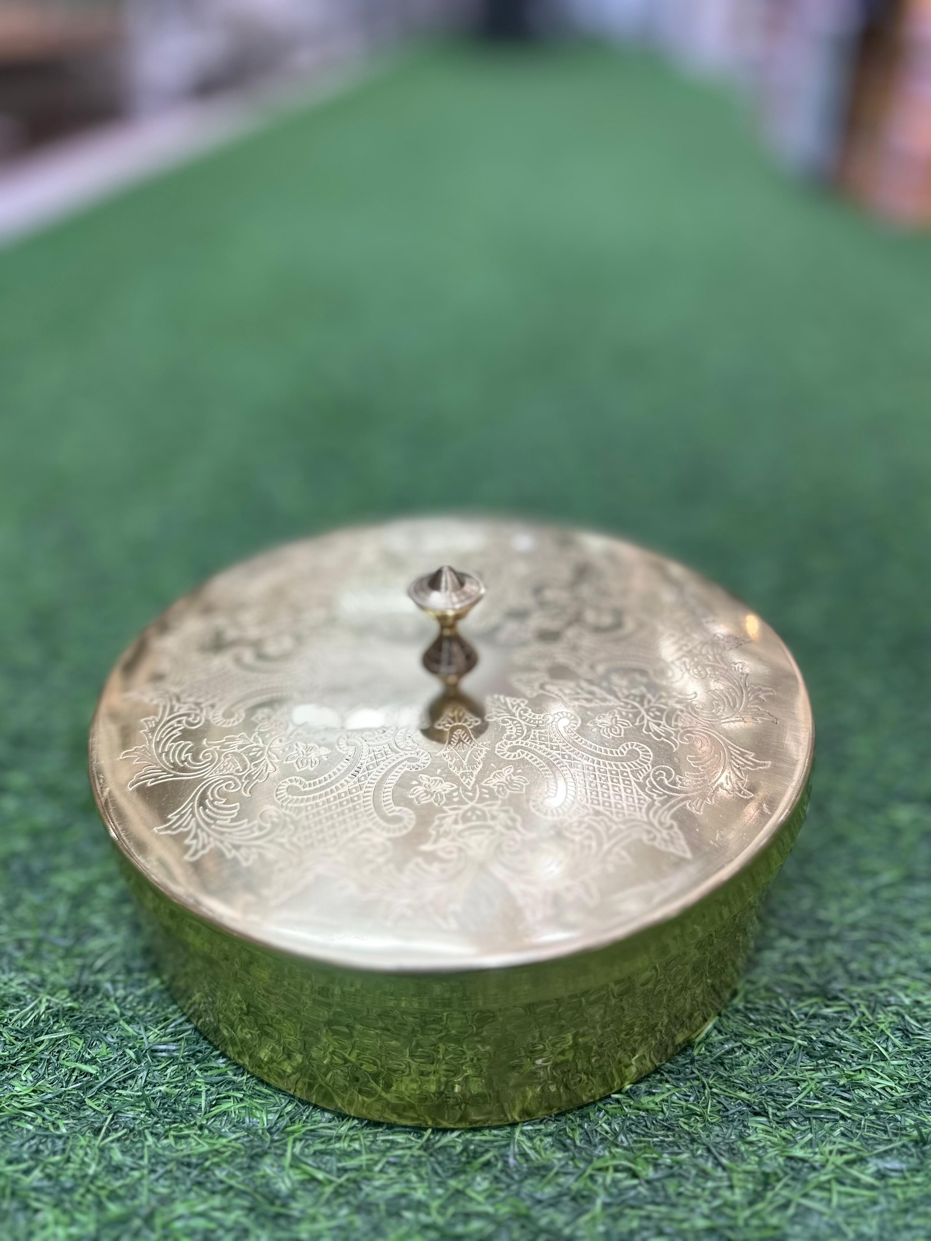 LIME Pure Brass Masala Box Set with Brass Spoon Container Hammered