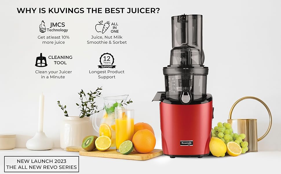 Kuvings REVO830 (Red/Black) with Smoothie & Sorbet Luxury Cold Press Whole Slow Juicer, World's 1st Patented Automatic-Cutting Auger to reduce juicing time, 240W Strong Motor, 12 Yrs Motor Warranty