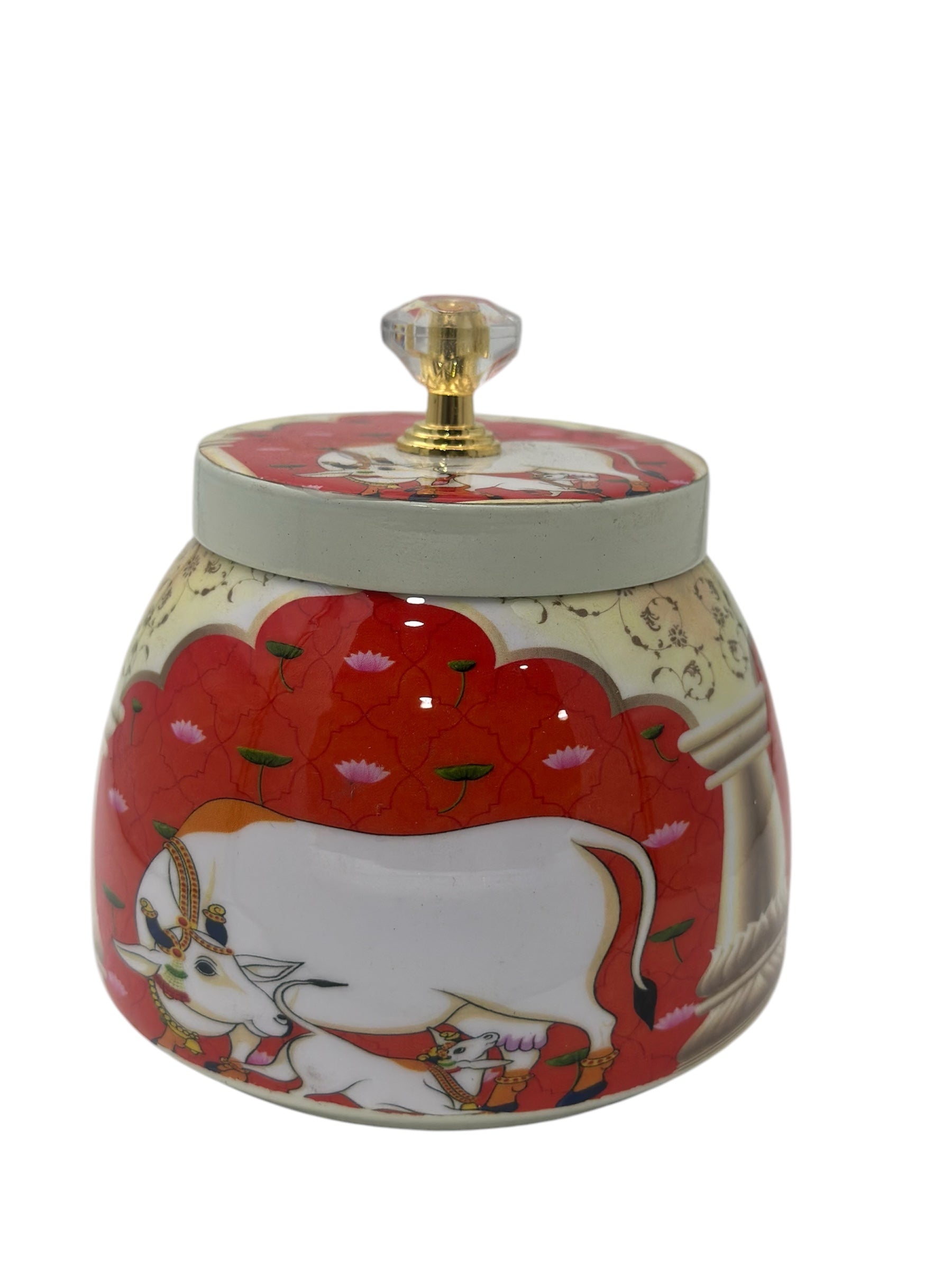 LIME 4" Round Shape Metal Gifting Storage Container Pichwai Jar Box (Random Color Design)