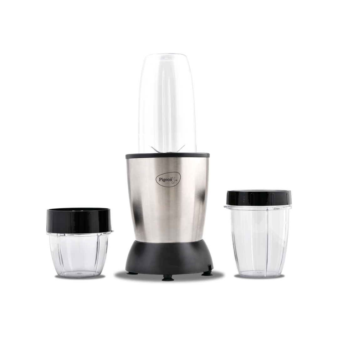 Pigeon 900 Watts Nutri Mixer with 3 Food Grade Jars || Smoothie/Juicer Jar 0.8 Litre|| Multipurpose Jar 0.5 Litre|| Dry Grinding Jar 0.2 Litre (Additional Sipper Cap Attachment), Silver