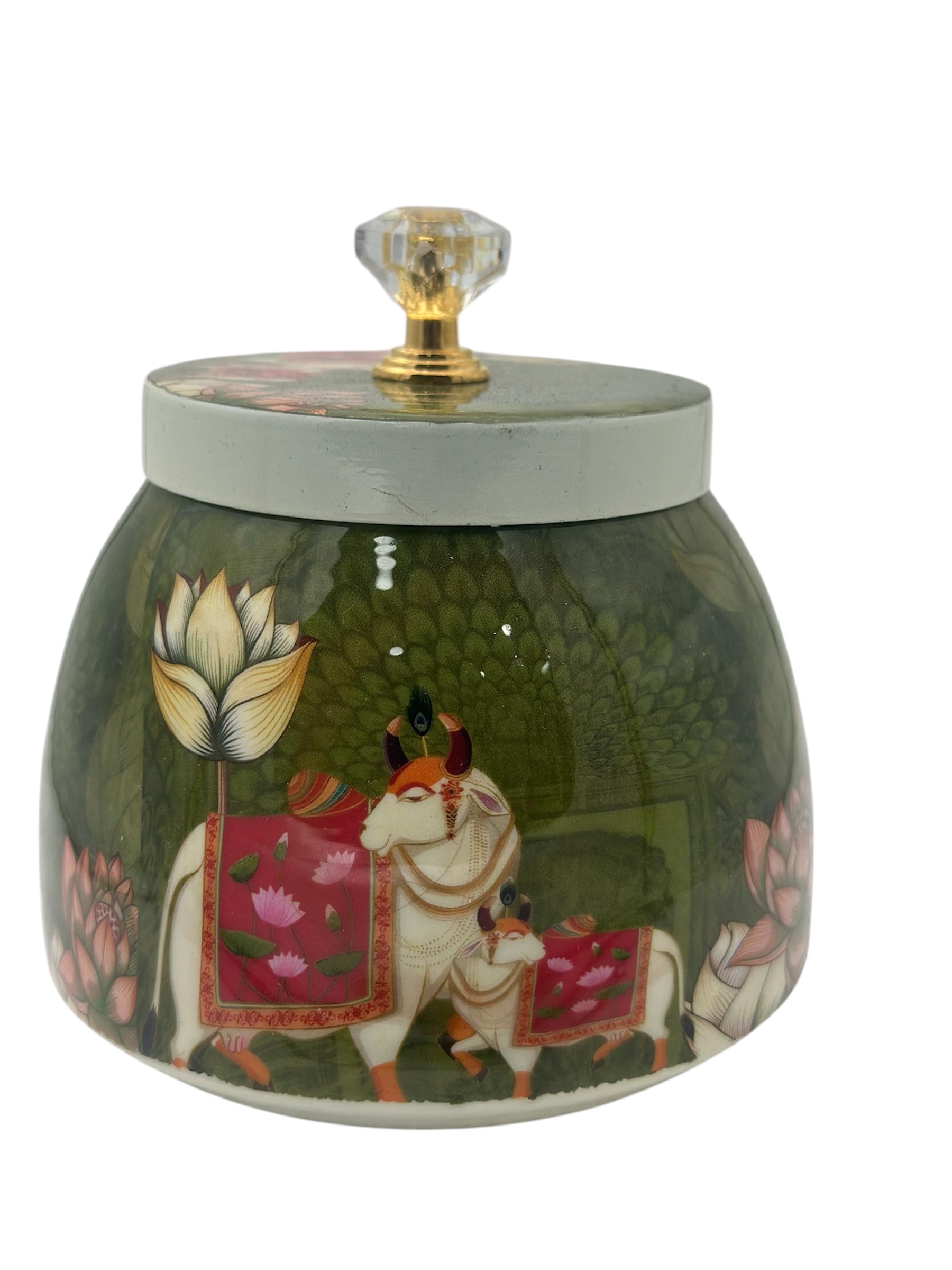 LIME 4" Round Shape Metal Gifting Storage Container Pichwai Jar Box (Random Color Design)