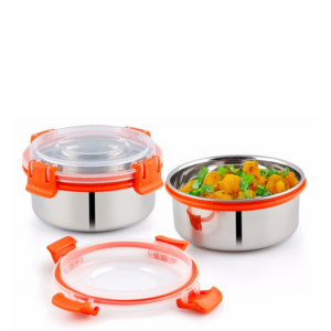 uninox Trendy Stainless Steel Lunch Box Set of 3 Pcs (300ml, 300ml, 450ml) with 1 Steel Spoon for Office, Picnic, Student | BPA Free | Orange | Leak Proof | Hot Food