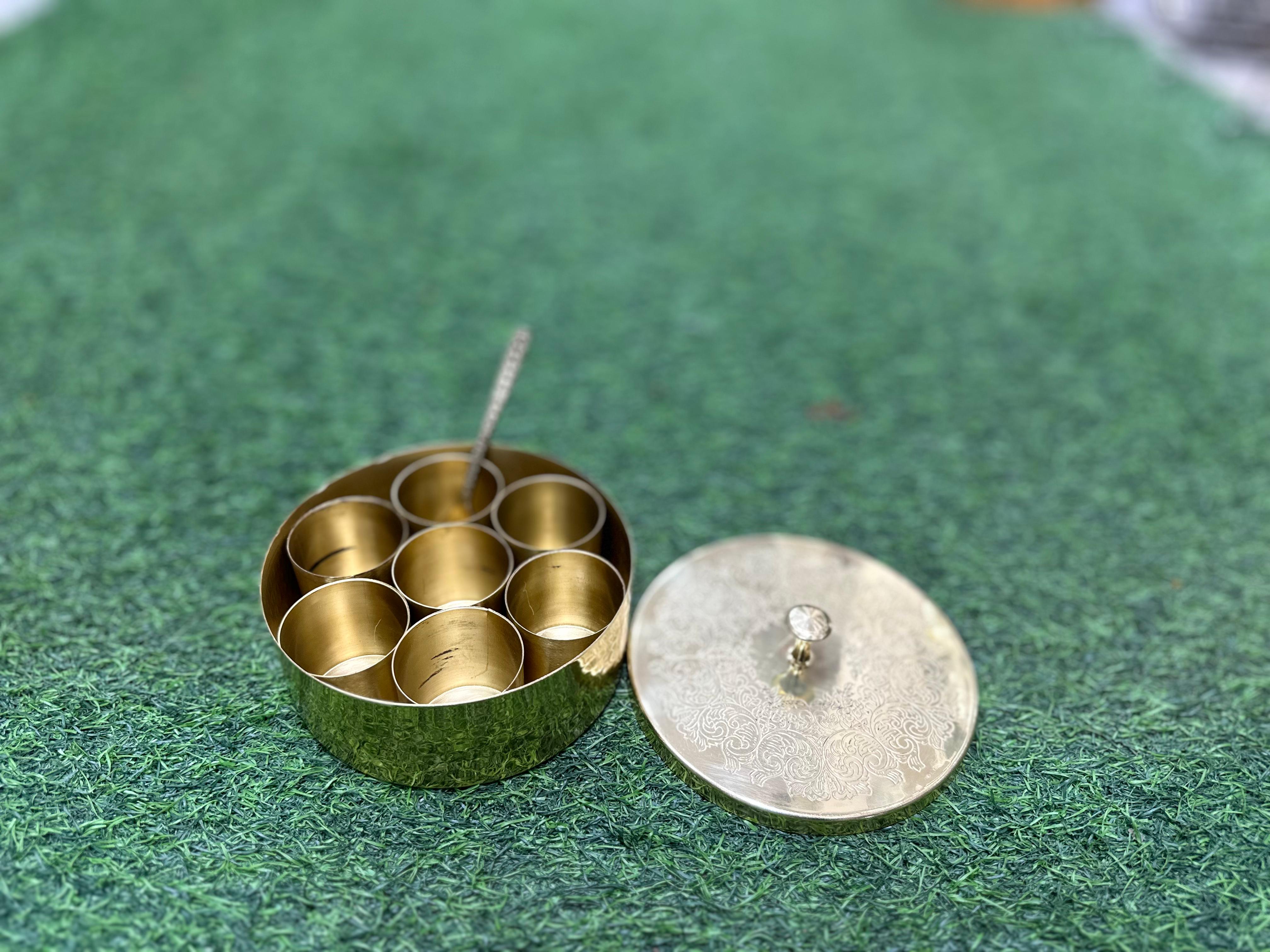 LIME Pure Brass Masala Box Set with Brass Spoon Container Hammered