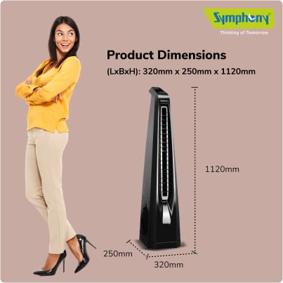 Symphony Surround B Personal Tower Fan | Silent Tower Fan for Home | BLDC Turbo Throw | Touchscreen Control Panel | Remote Control | Low Power Consumption | Black