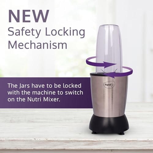 Pigeon 900 Watts Nutri Mixer with 3 Food Grade Jars || Smoothie/Juicer Jar 0.8 Litre|| Multipurpose Jar 0.5 Litre|| Dry Grinding Jar 0.2 Litre (Additional Sipper Cap Attachment), Silver