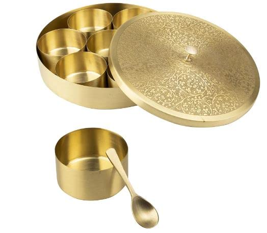LIME Pure Brass Masala Box Set with Brass Spoon Container