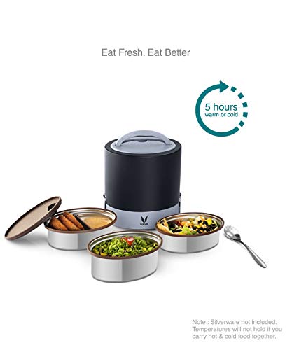 VAYA TYFFYN Stainless Steel Lunch Box Without Bagmat, Thermal Insulated Tiffin Box for School & Office Use, 1000 ml, 3 Containers