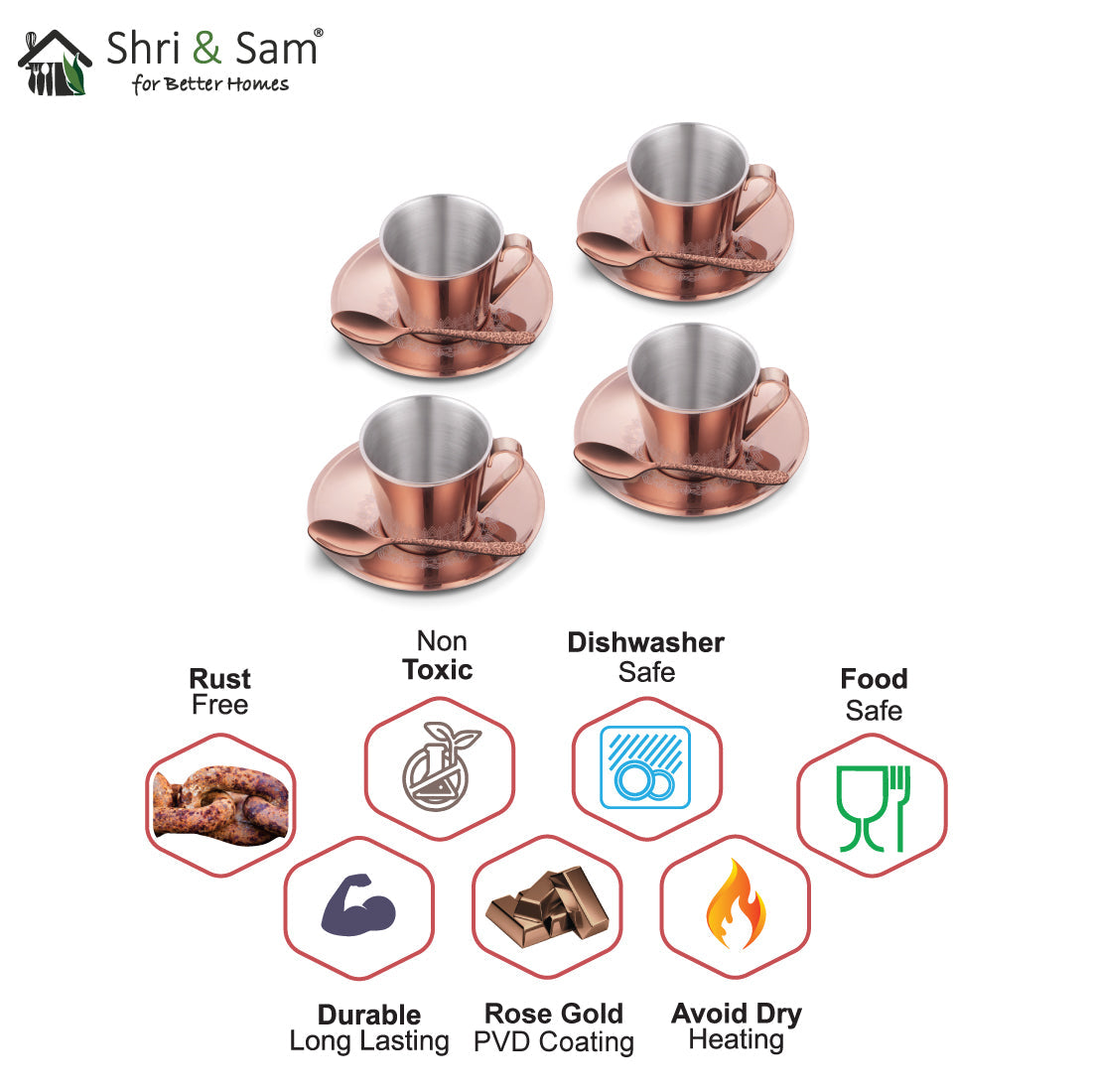 Stainless Steel 4 PCS Double Wall Cup and Saucer with Rose Gold PVD Coating & Laser Rise