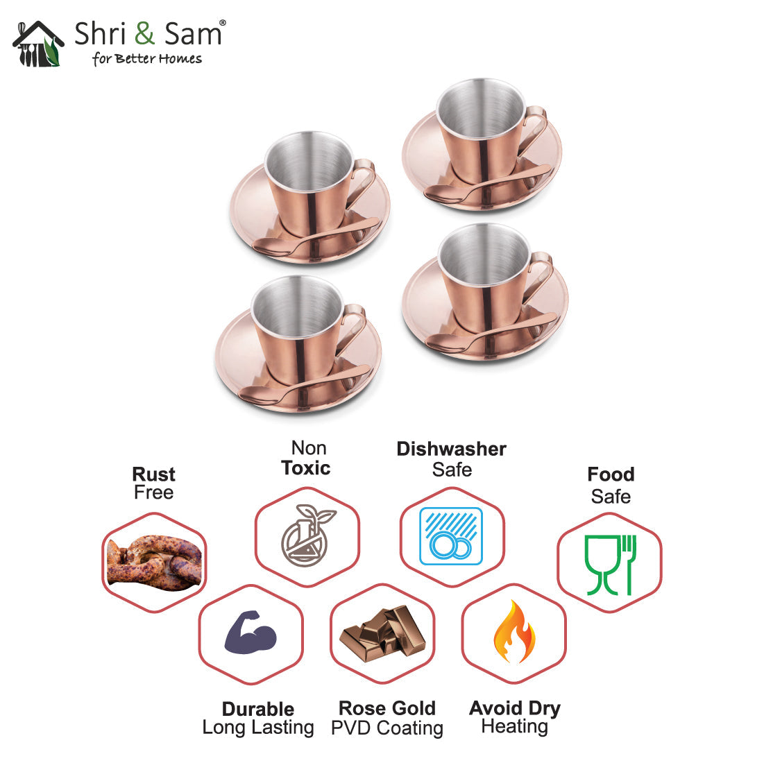 Stainless Steel 4 PCS Double Wall Cup and Saucer with Rose Gold PVD Coating Rise