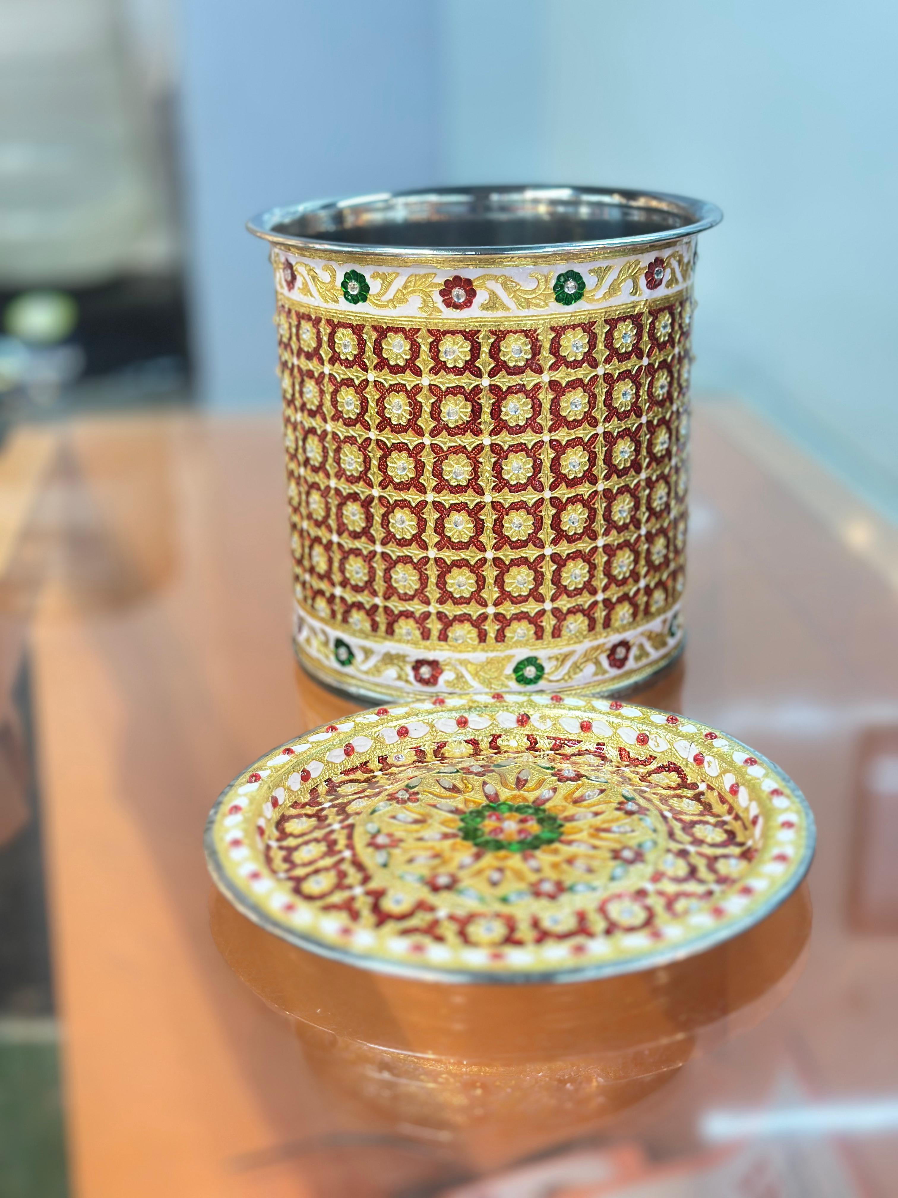LIME Stainless Steel meenakari Designer pavali Grain Storage Container Canister