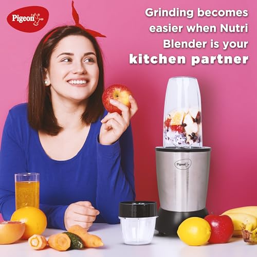 Pigeon 900 Watts Nutri Mixer with 3 Food Grade Jars || Smoothie/Juicer Jar 0.8 Litre|| Multipurpose Jar 0.5 Litre|| Dry Grinding Jar 0.2 Litre (Additional Sipper Cap Attachment), Silver