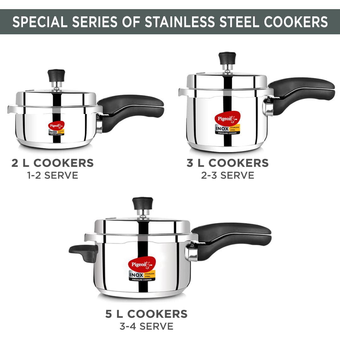 PIGEON Inox Stainless Steel 5 Litre (14046), Induction Base Pressure Cooker, Outer Lid, Silver
