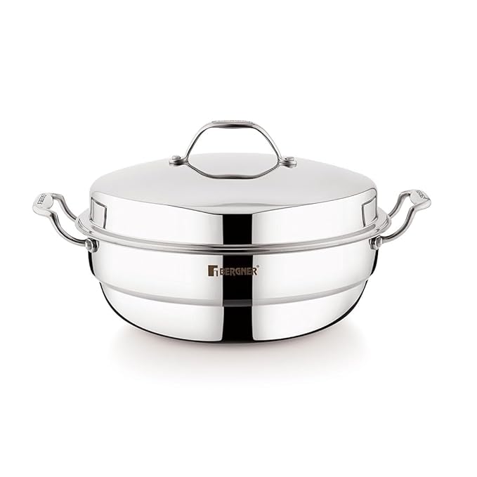 Bergner Argent Triply 28 cm Multi-Kadai, 6.1 L, Stainless Steel Lid & 6X Plate, for Appam/Idli/Modak/Sundal/Momo/, Cool Handles, Induction & Gas Ready