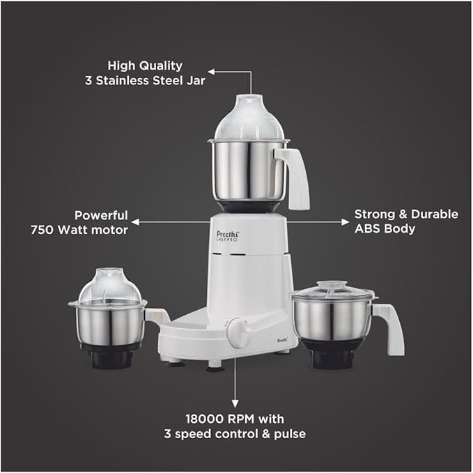 Preethi Chef Pro Mixer Grinder 750 Watt with 3 Jars (White)