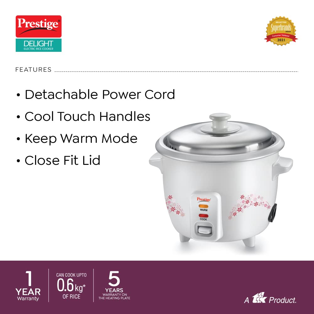Prestige Delight PRWO 1.5 L Electric Rice Cooker|Detachable power cord|Durable body|Cool touch handles|White| Raw capacity-0.6L|Cooked capacity-1.5 L|Cooks for a family of 4 to 5 members