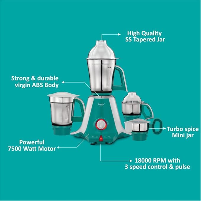 Preethi Aries Mixer Grinder 750 Watt with 4 Jars, 5 Year Warranty (Green)