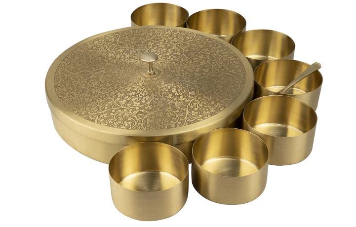 LIME Pure Brass Masala Box Set with Brass Spoon Container
