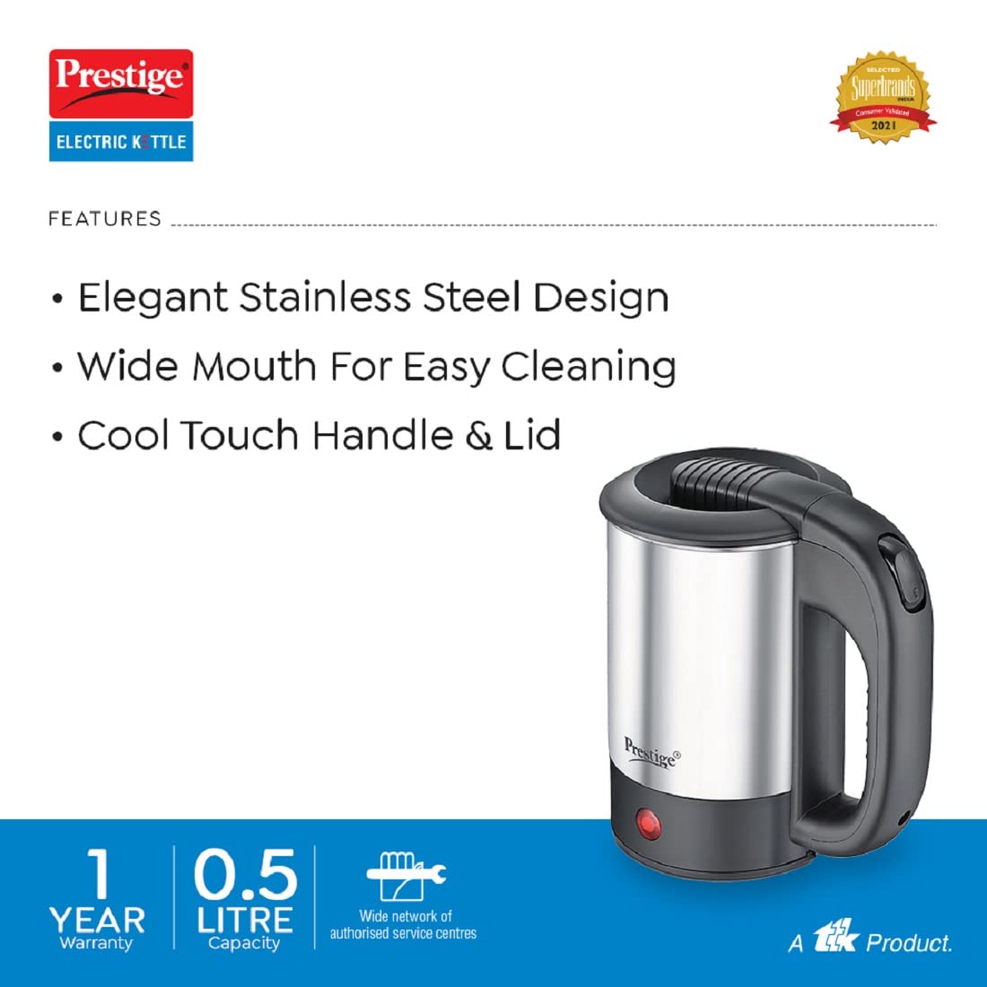 Prestige PKTS 0.5 Electric Kettle 500ml, Silver & Black