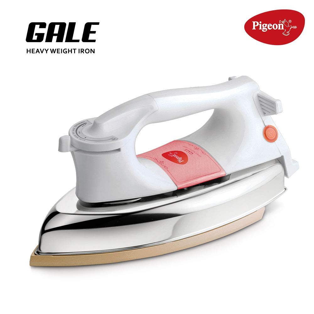 Pigeon by Stovekraft Gale Heavy Weight Dry Iron For Clothes| 1000 Watt Instant Heat & Shock Proof | 1.5KG (WHITE) | Gold Nonstick Base Plate | Over Heat Safety | 1.5 M Long Cord | 1 Year Warranty
