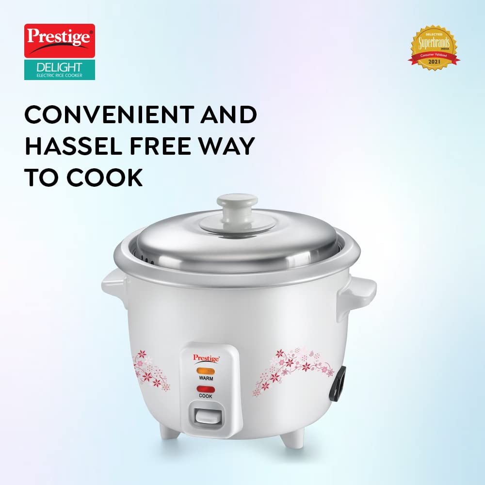 Prestige Delight PRWO 1.5 L Electric Rice Cooker|Detachable power cord|Durable body|Cool touch handles|White| Raw capacity-0.6L|Cooked capacity-1.5 L|Cooks for a family of 4 to 5 members