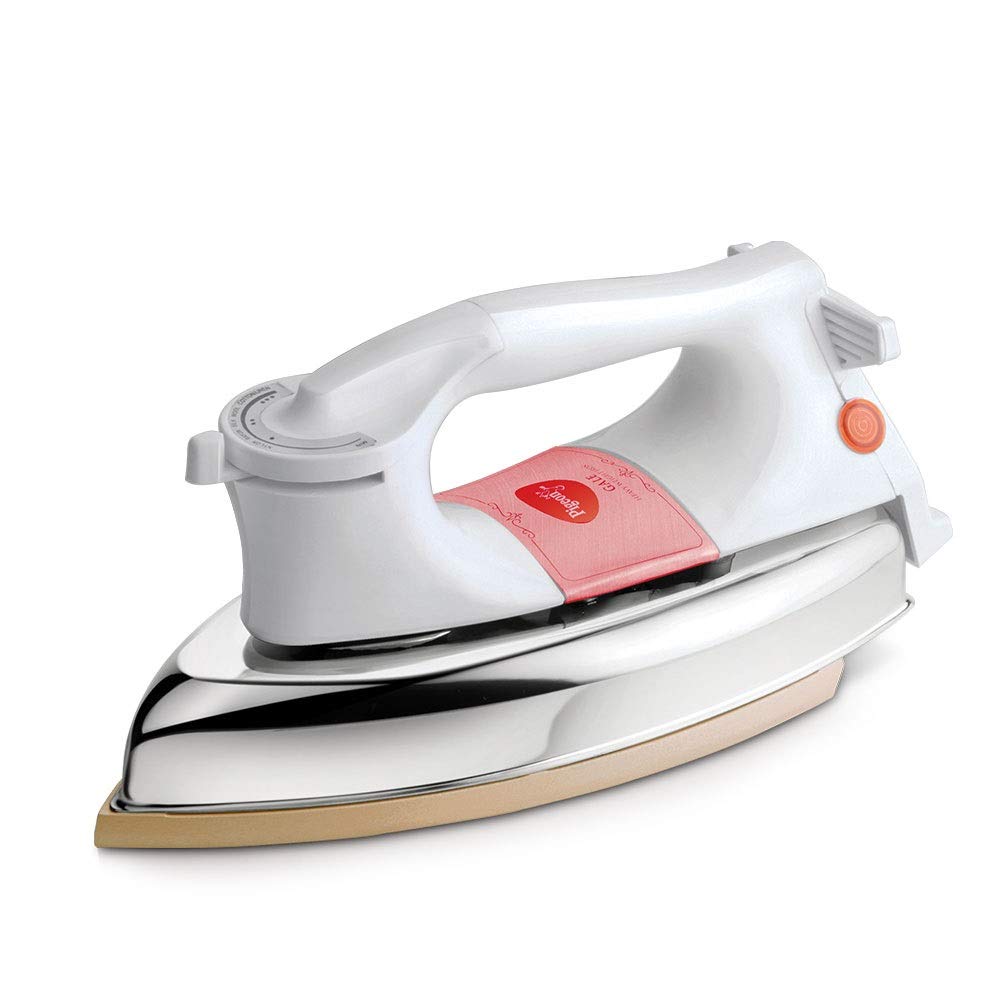 Pigeon by Stovekraft Gale Heavy Weight Dry Iron For Clothes| 1000 Watt Instant Heat & Shock Proof | 1.5KG (WHITE) | Gold Nonstick Base Plate | Over Heat Safety | 1.5 M Long Cord | 1 Year Warranty