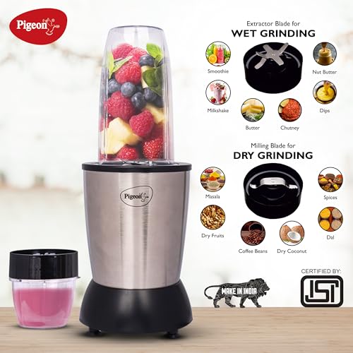 Pigeon 900 Watts Nutri Mixer with 3 Food Grade Jars || Smoothie/Juicer Jar 0.8 Litre|| Multipurpose Jar 0.5 Litre|| Dry Grinding Jar 0.2 Litre (Additional Sipper Cap Attachment), Silver