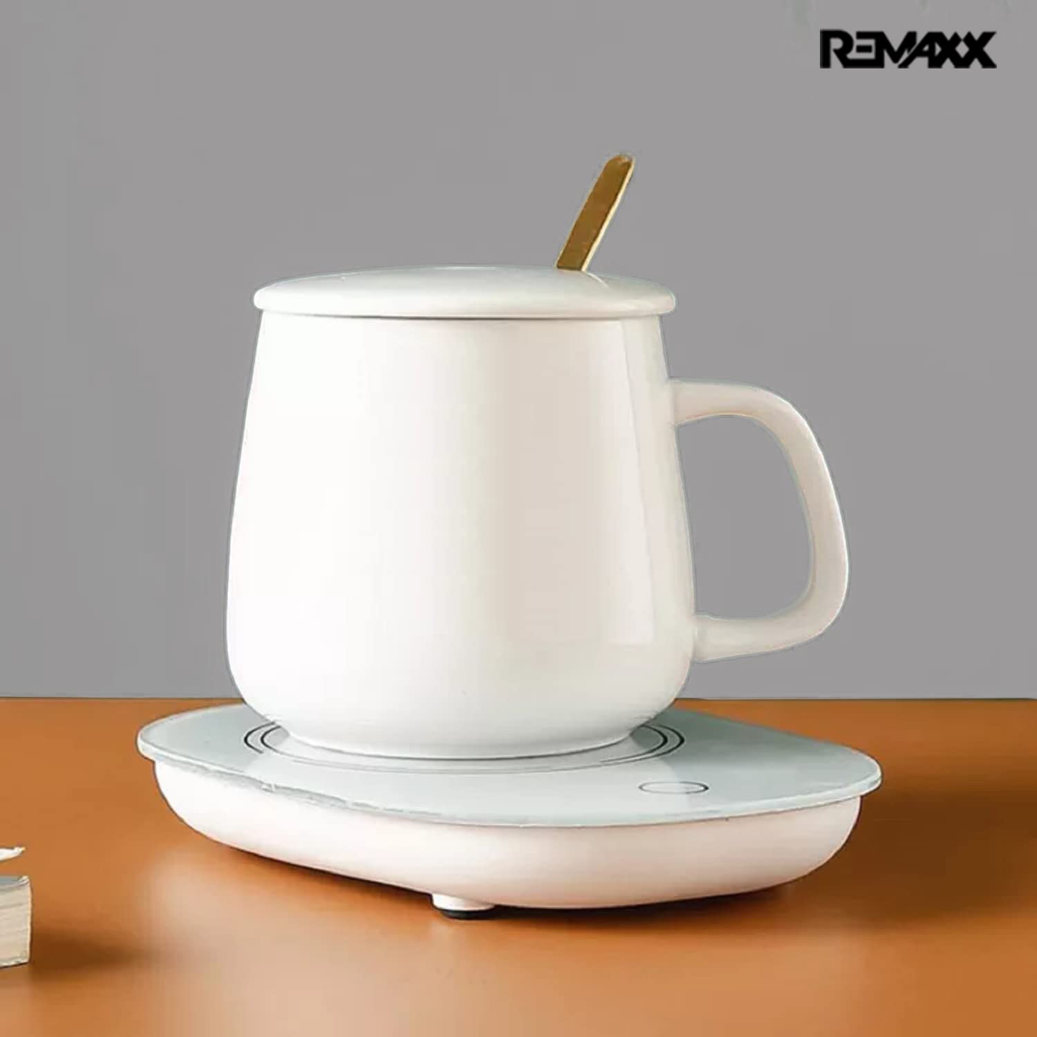 Remaxx Smart 16W Coffee & Tea Mug Warmer Plate With 2 350ml Ceramic Mug, 2 Lids & 2 Stirring Spoon| Auto On/Off | Touch Control | 2 Round Pin Plug | Maintains Temperature (Does Not Boil) (Coffee Warmer Plate + 2 Mug + 2 Coaster + 2 Stirring Spoon)