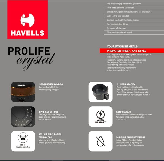 Havells Air Fryer Prolife Crystal | 1500W | 5L