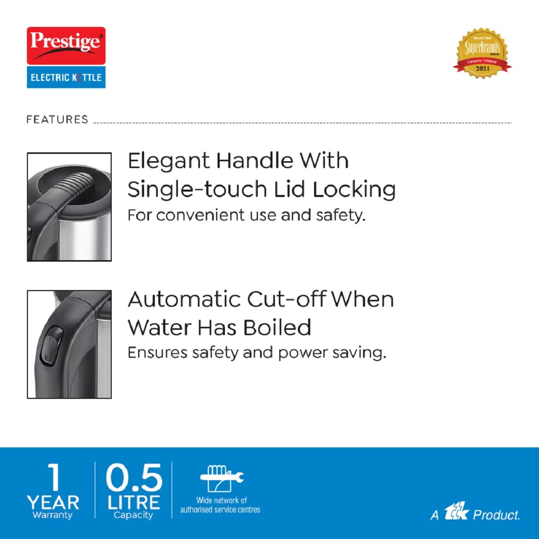 Prestige PKTS 0.5 Electric Kettle 500ml, Silver & Black