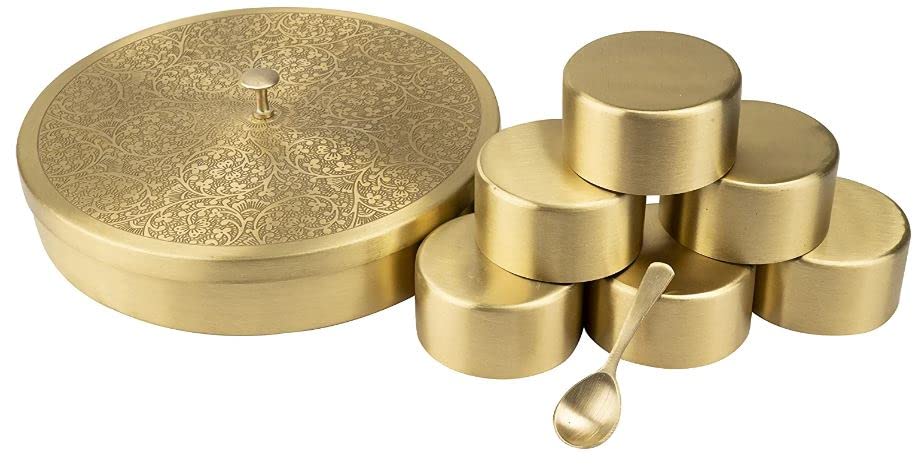 LIME Pure Brass Masala Box Set with Brass Spoon Container