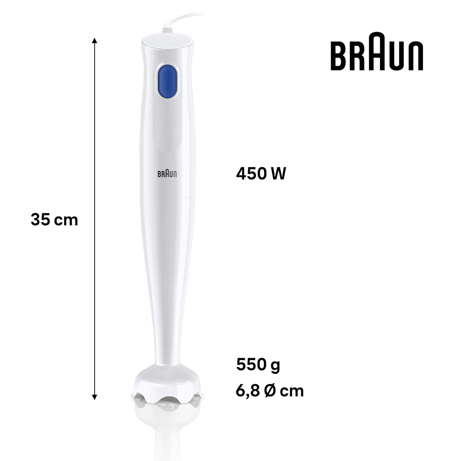 Braun MultiQuick 1 Hand Blender 450W with EasyTwist Technology, Lightweight, Stainless Steel, BPA-Free for Baby Food, Chutney, Puree, Lassi, Smoothie, Soup, Shake (MultiQuick 1 White