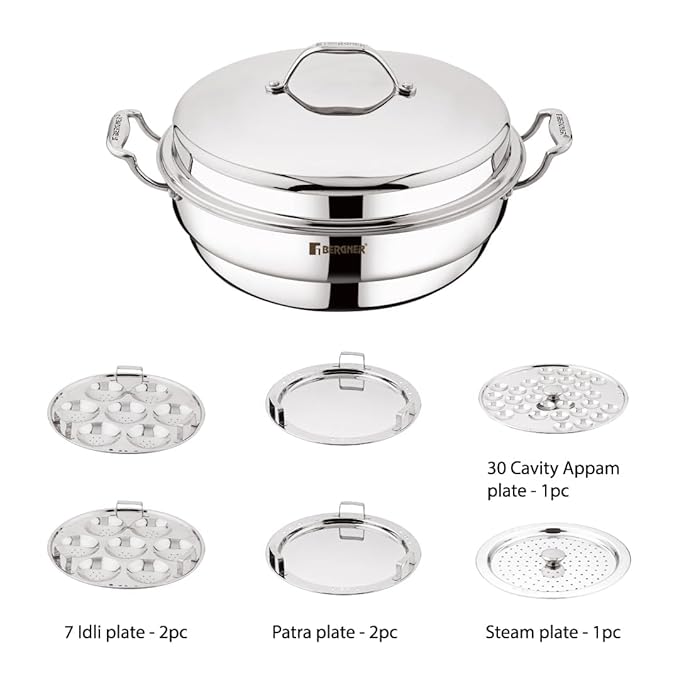 Bergner Argent Triply 28 cm Multi-Kadai, 6.1 L, Stainless Steel Lid & 6X Plate, for Appam/Idli/Modak/Sundal/Momo/, Cool Handles, Induction & Gas Ready
