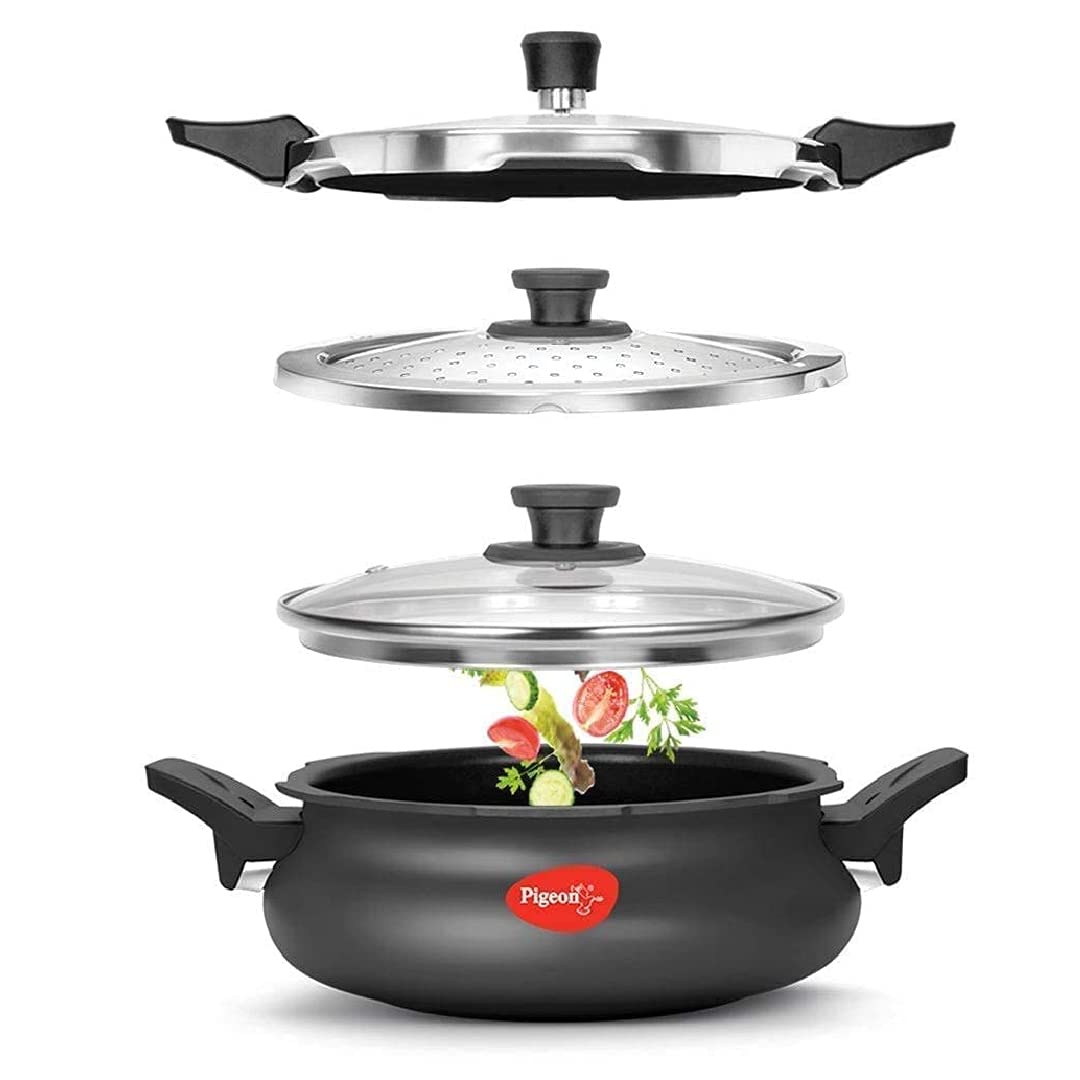 Pigeon All in One Ceramic Super Outer Lid Cooker, Black/Transparent - Aluminium & Stainless Steel