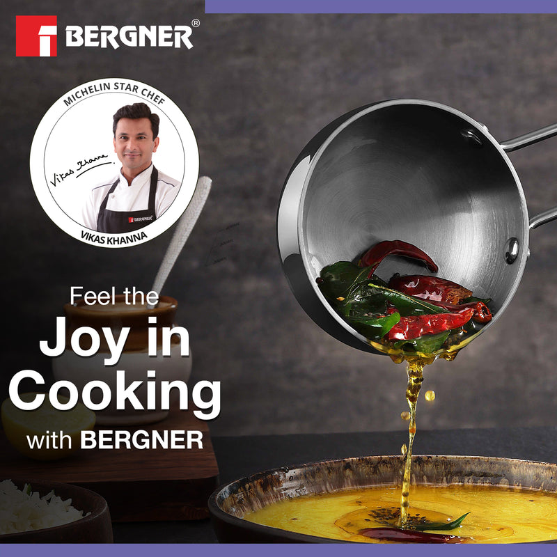 Bergner BE Essentials Tri-Ply Stainless Steel Tadka Pan - Induction Bottom (5-Year Warranty)