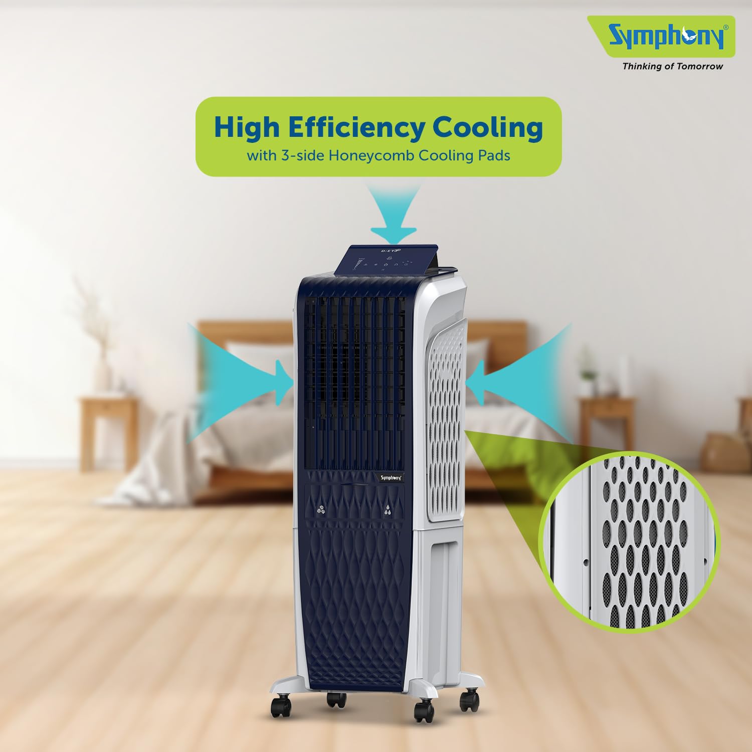 Symphony Diet 3D 30B Tower Air Cooler | BLDC Technology | Honeycomb Cooling Pad | Touchscreen Pop-Up Control Panel | Magnetic Remote + Sleep Mode | 1-Year Warranty