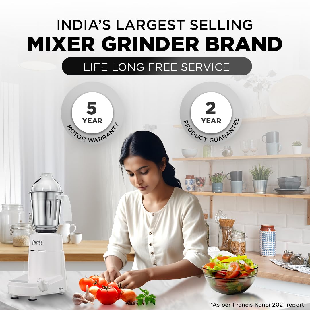 Preethi Popular Mixer Grinder 750 Watt with 3 Jars, 5 Year Warranty (White)