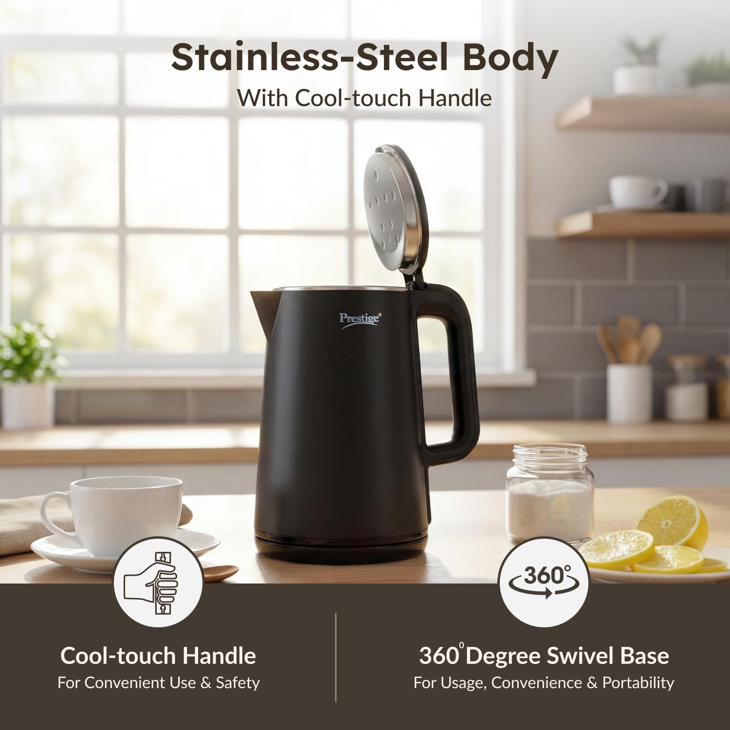 Prestige Stainless Steel Digi Kettle 2 L With 4 Preset Modes | Live Temperature Display | Elegant Cool Touch Design | Auto-Cut Off And Dry Heat Protection | 360 Degree Swivel Base, 1350 Watts, Black
