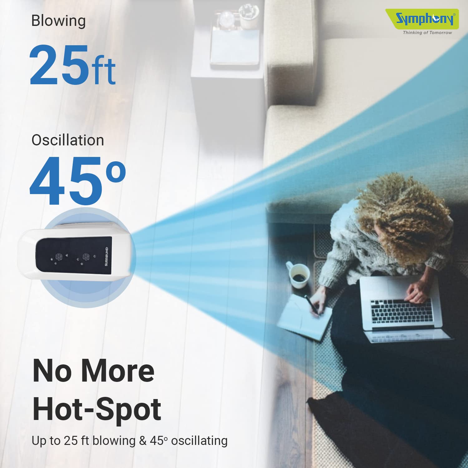 Symphony Surround High Speed Bladeless Technology Tower Fan for Home With Swivel Action, Dust Filter, and Low Power Consumption