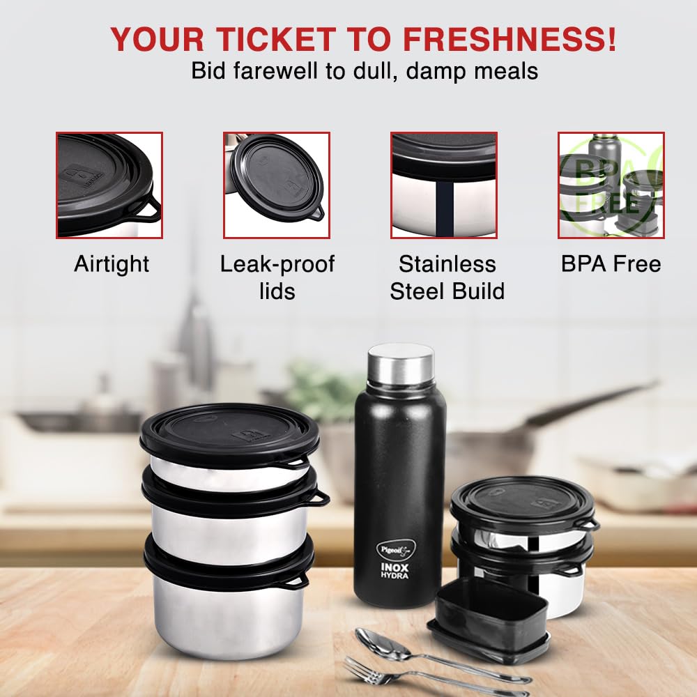 Pigeon Treat Lunch Box with 700ml bottle,SS spoon & fork,3 Stainless Steel tiffin box with BPA free Leak Proof Lids (250ml, 400ml, 600ml),Plastic pickle box (100ml), Insulated tiffin bag