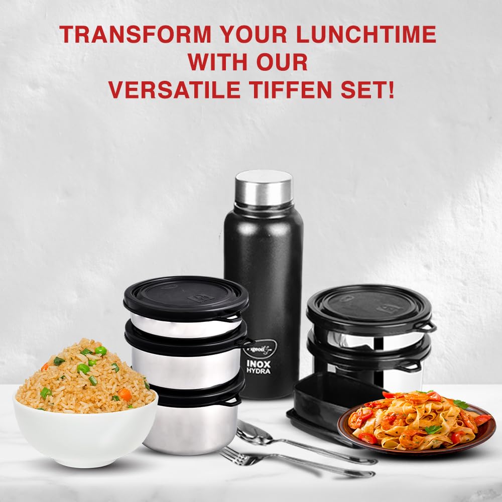 Pigeon Treat Lunch Box with 700ml bottle,SS spoon & fork,3 Stainless Steel tiffin box with BPA free Leak Proof Lids (250ml, 400ml, 600ml),Plastic pickle box (100ml), Insulated tiffin bag