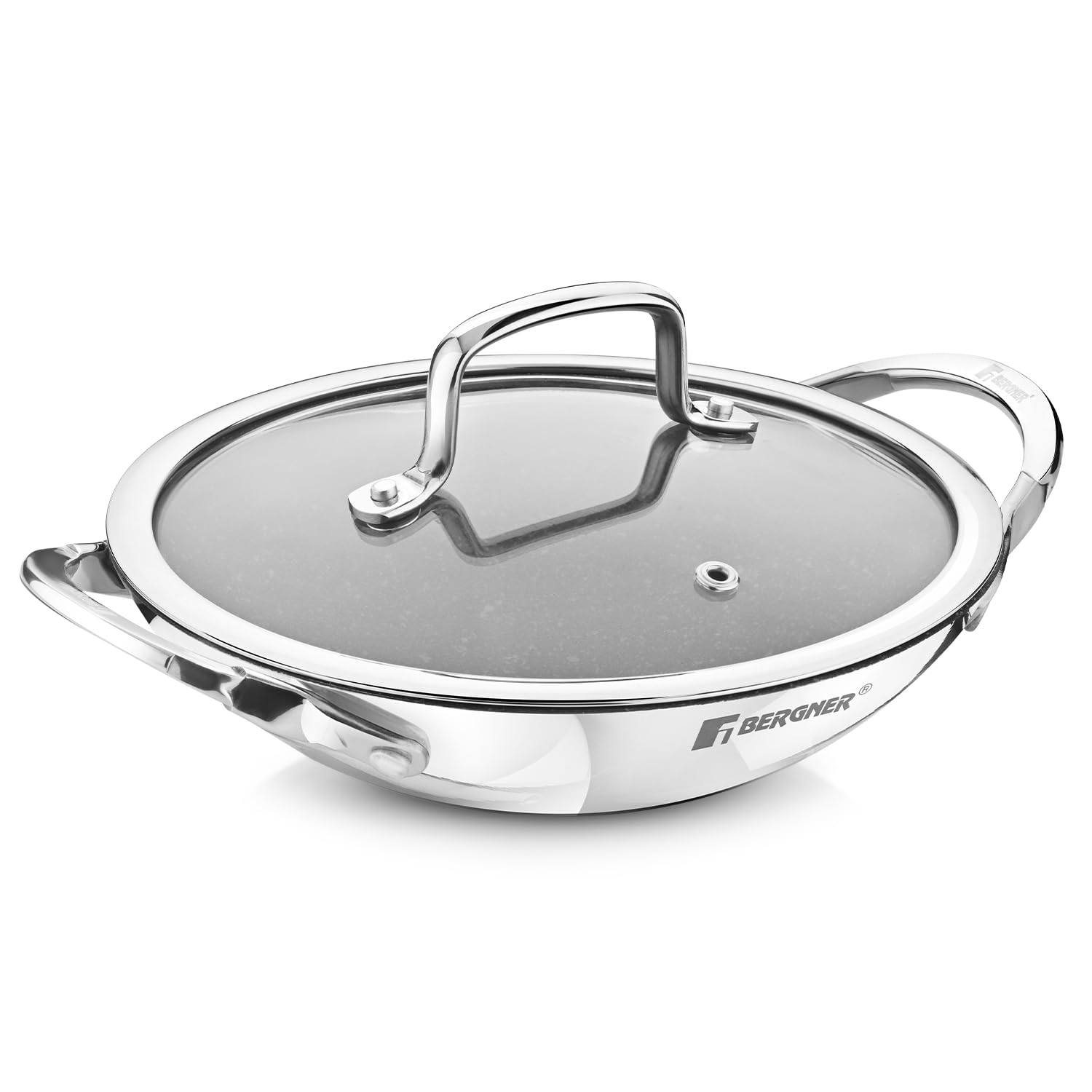 Bergner Argent Samsara Tri-Ply Stainless Steel 21cm Appachetty with Glass Lid, Quantanium Coating Inside, Consumes Less Oil - Gas Stove Compatible