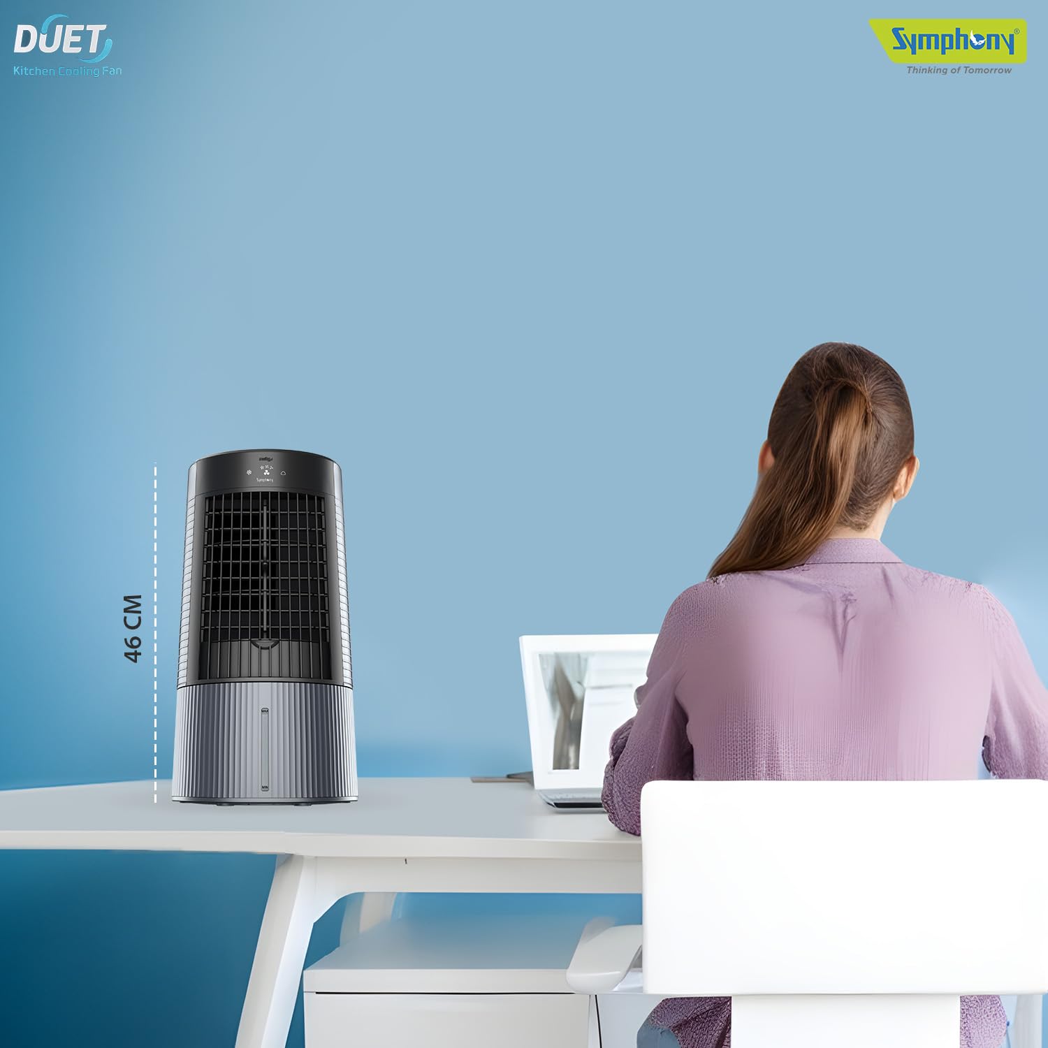 Symphony Duet-i Personal Kitchen Cooling Fan For Home and Office Tabletop with Honeycomb Pad, Powerful Blower, Auto Rotation and Low Power Consumption (6L, Grey)