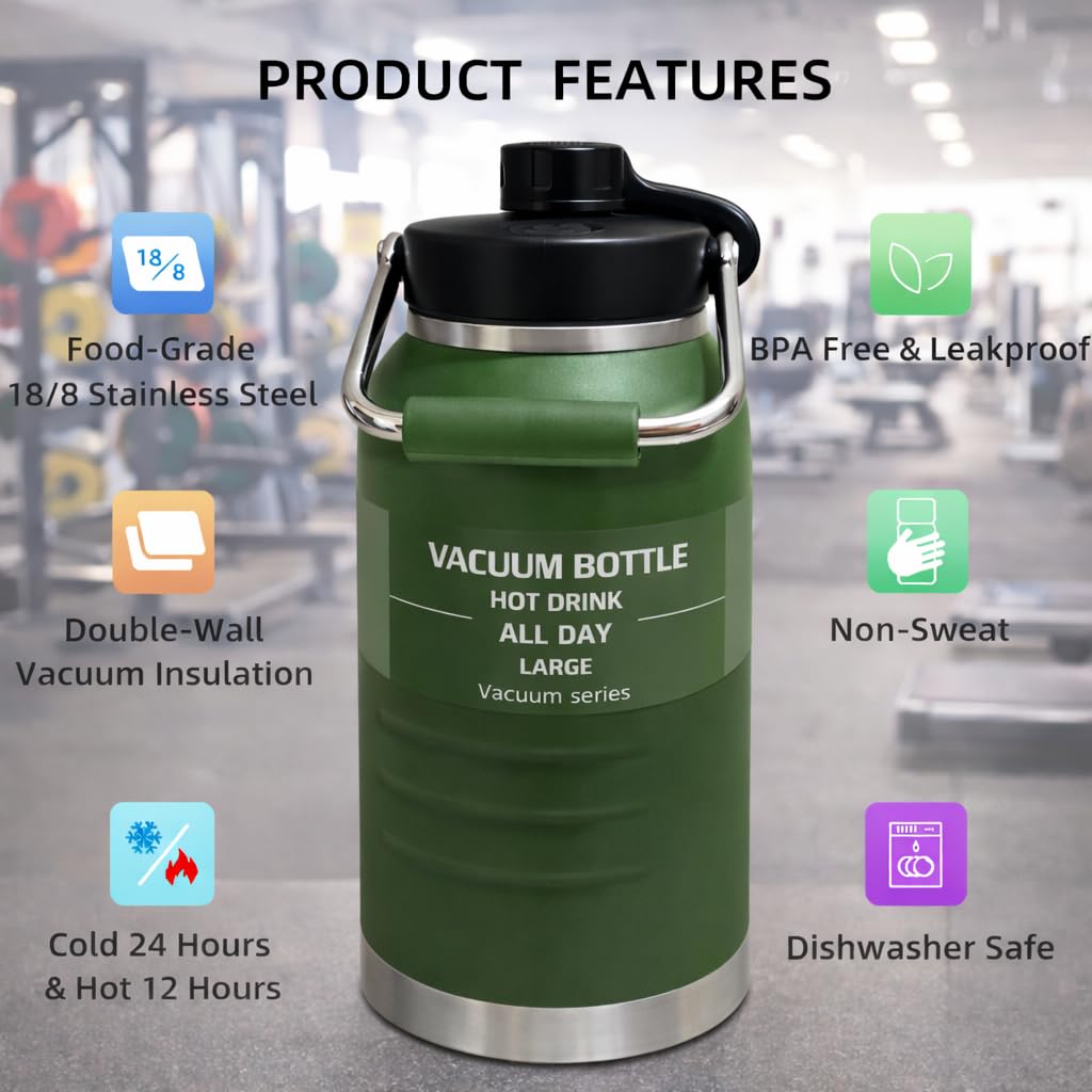 Vacuum Bottle Large Insulated Water Hot/cold Drink All Day, 2 Litre (Green/orange /navy blue )