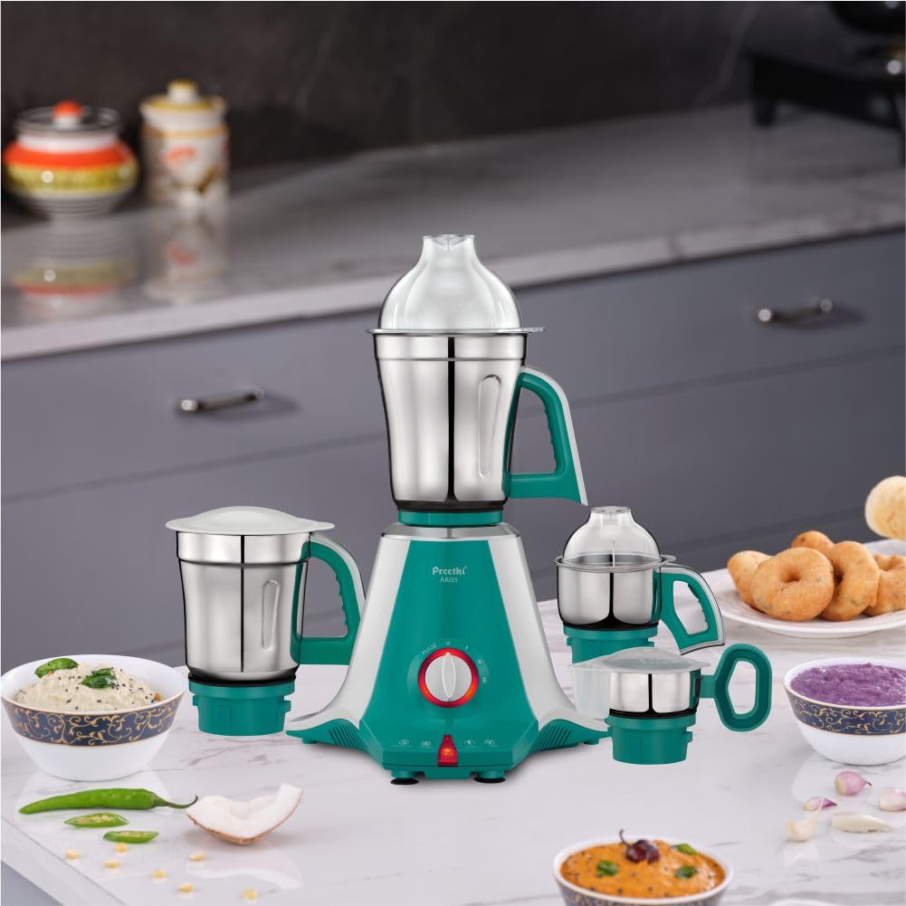 Preethi Aries Mixer Grinder 750 Watt with 4 Jars, 5 Year Warranty (Green)