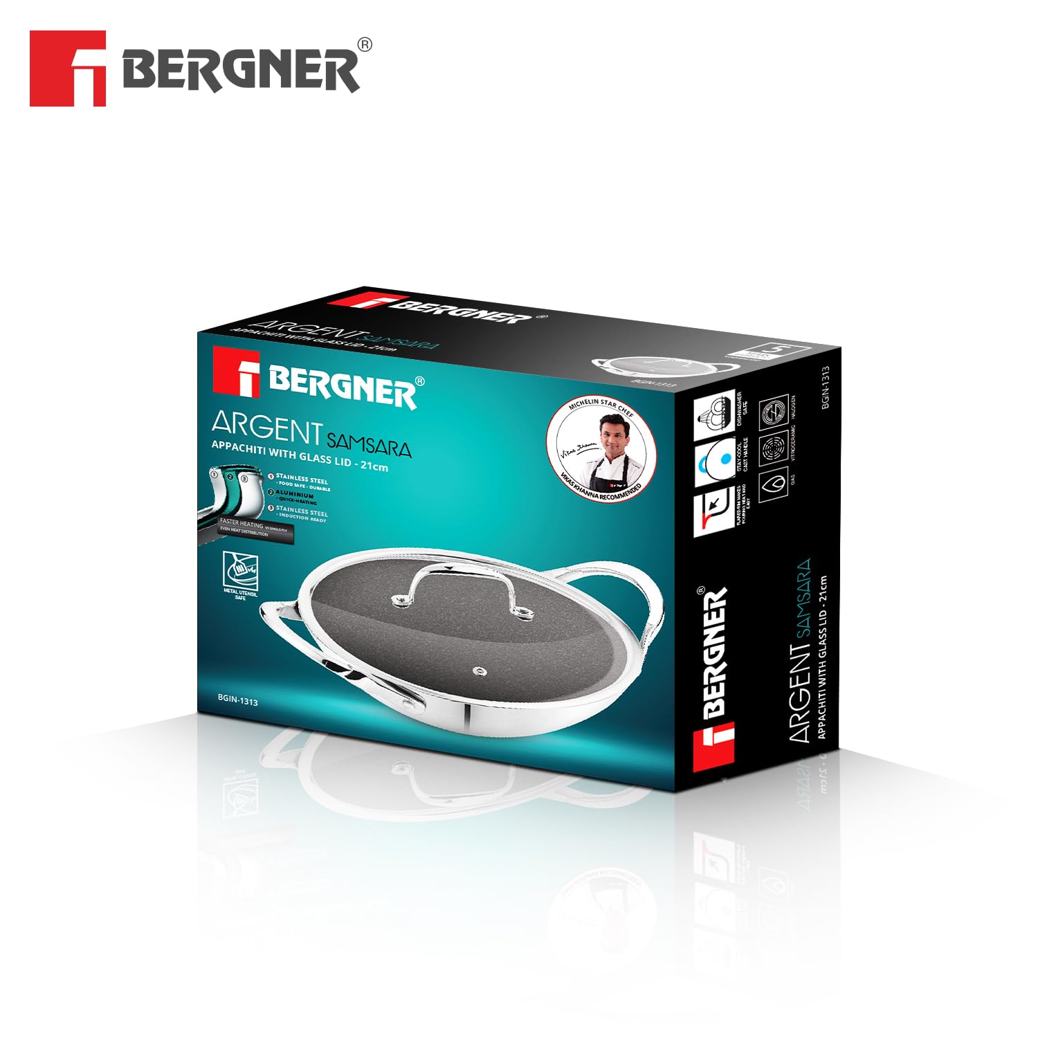 Bergner Argent Samsara Tri-Ply Stainless Steel 21cm Appachetty with Glass Lid, Quantanium Coating Inside, Consumes Less Oil - Gas Stove Compatible