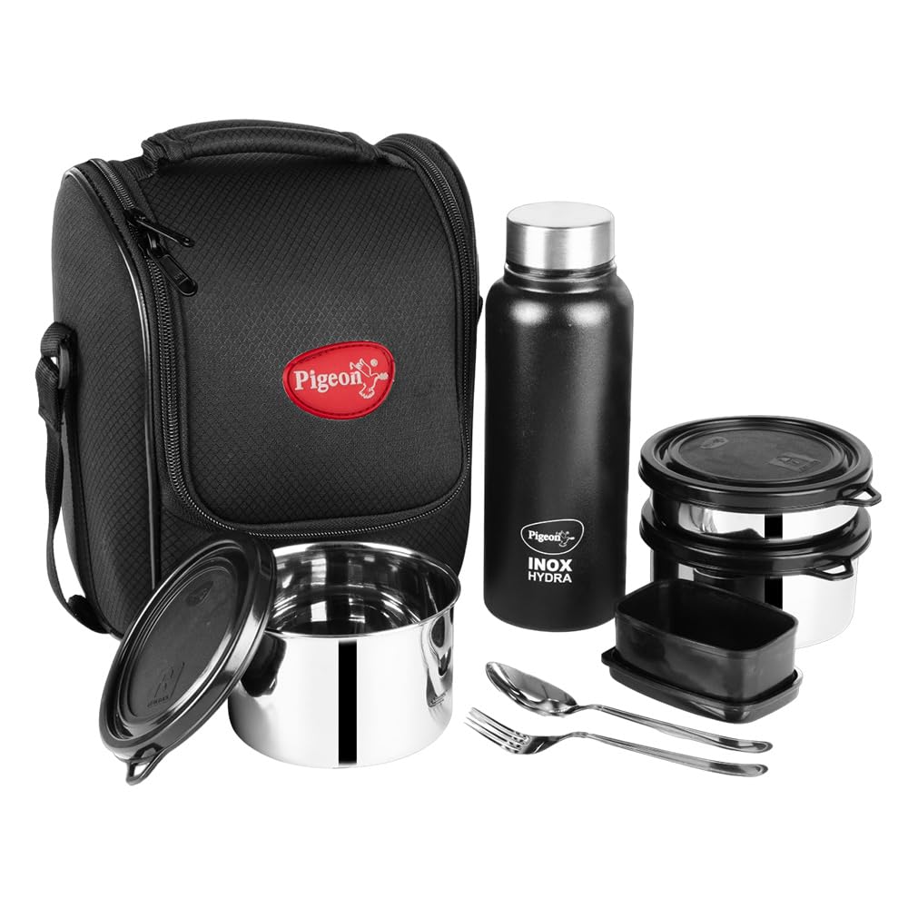 Pigeon Treat Lunch Box with 700ml bottle,SS spoon & fork,3 Stainless Steel tiffin box with BPA free Leak Proof Lids (250ml, 400ml, 600ml),Plastic pickle box (100ml), Insulated tiffin bag