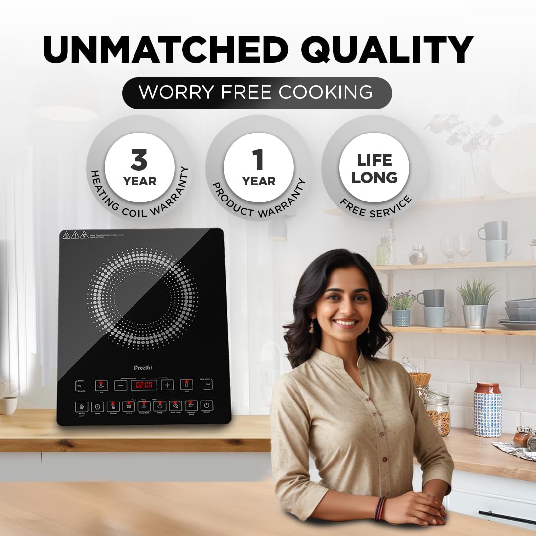 Preethi Indicook IC125 | 2100-Watt Induction Cooktop | Fast Gas-Free Cooking | No LPG Required || 3 Year Coil Warranty | Voltage surge protetion | Preset Indian Menus | Crystal Glass Plate | Black